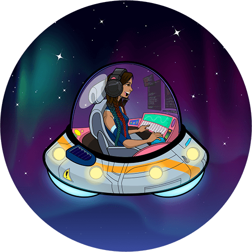 avatar of a girl with multicolor braids using code to fly a spaceship